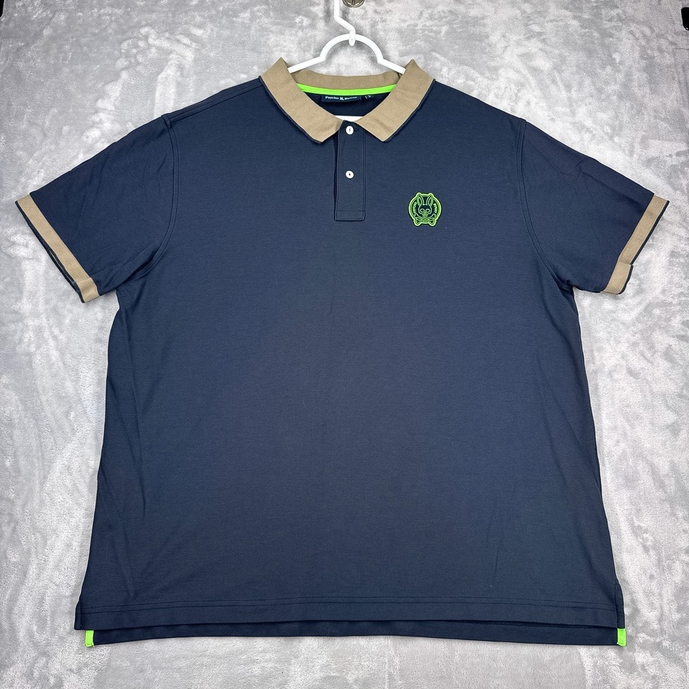 PSYCHO BUNNY Polo Shirt Mens 2XL Navy Blue Pima Cotton Tan Collar Skull Bunny